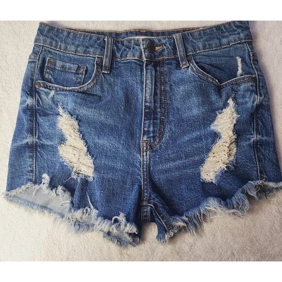 Eunina Lulu Sz Sm High Rise Shorts Cut Off Shortie denim Blue Distressed Stretch - Picture 9 of 9